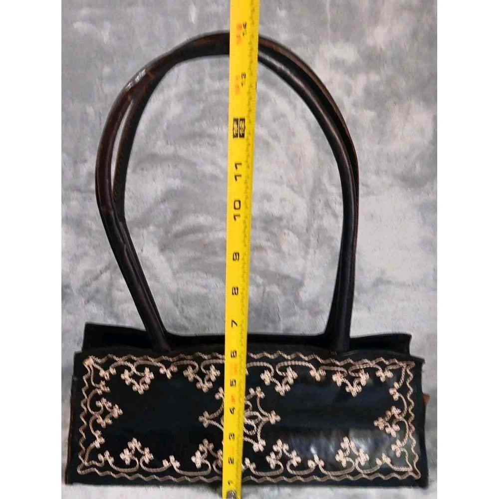 Aldo Black Leather Purse Handbag Cream‎ Beige Stitched Embroidered Bag READ